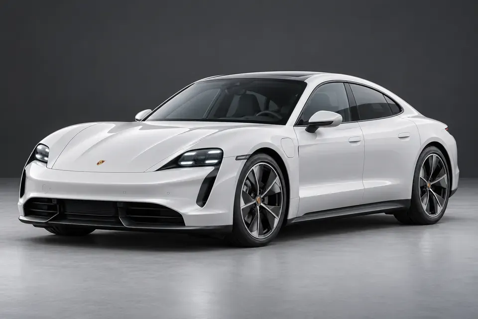 AI-generated front-three-quarter view of Porsche Taycan J1 electric sports saloon.