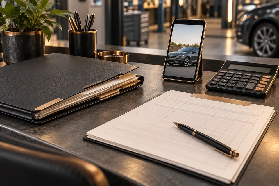 AI illustration of a document file, blank forms, calculator and phone displaying a car.