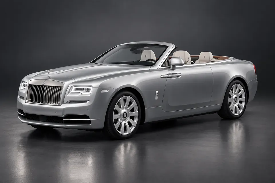 AI-generated studio illustration of a 2016 Rolls-Royce Dawn modern convertible, front-left three-quarter view.