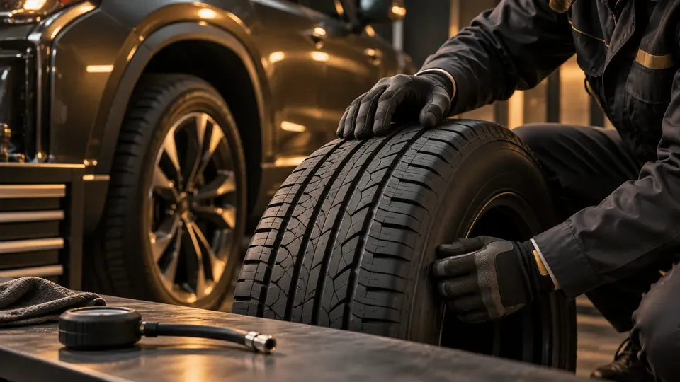 AI illustration of gloved hands inspecting a passenger-SUV tyre beside an unreadable pressure gauge.