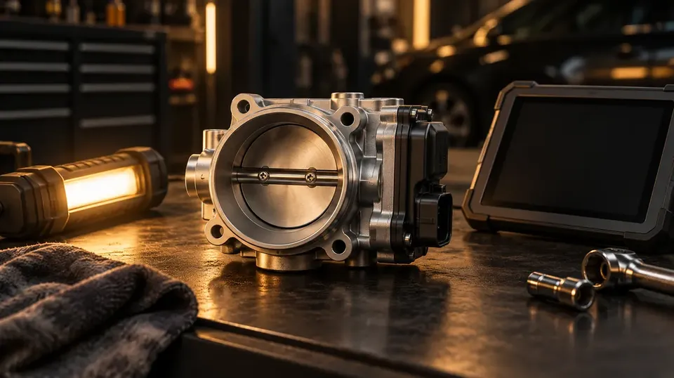 AI illustration of a generic throttle body, inspection lamp and diagnostic tablet.