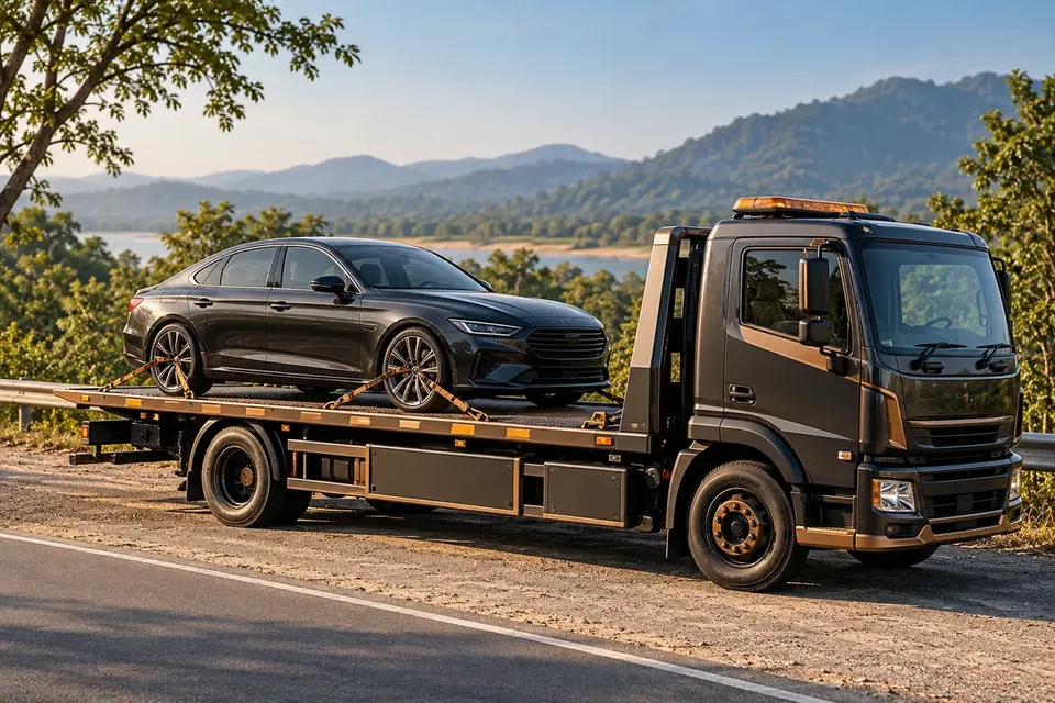AI illustration of a car secured on a flatbed recovery truck in a roadside pull-off.
