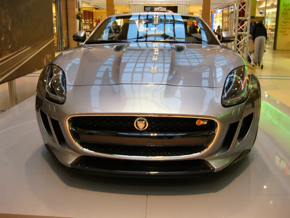 Jaguar F-TYPE S convertible viewed from the front with its roof lowered.
