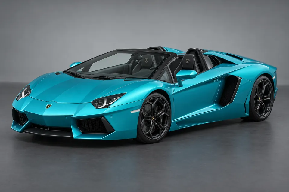 AI-generated illustration of early Lamborghini Aventador Roadster with roof panels removed viewed from the front-left side.