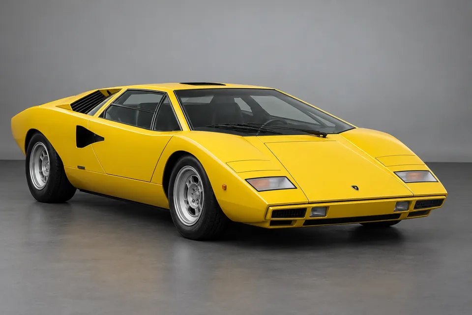 AI-generated illustration of classic Lamborghini Countach LP400 narrow-body Coupé viewed from the front-left side.