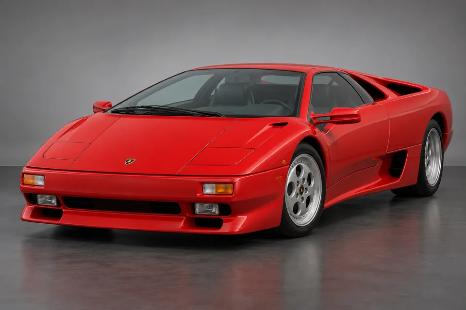 AI-generated illustration of early Lamborghini Diablo Coupé with closed pop-up headlamp covers viewed from the front-left side.