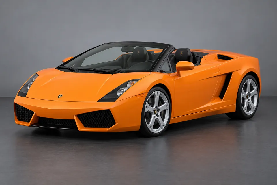 AI-generated illustration of first-generation Lamborghini Gallardo Spyder with its roof lowered viewed from the front-left side.