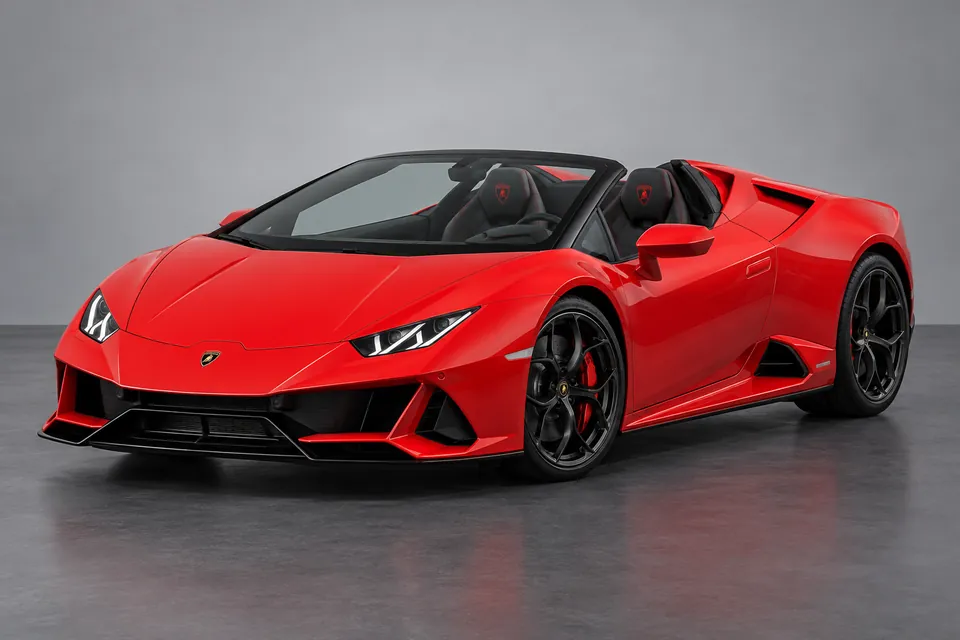 AI-generated illustration of first-generation Lamborghini Huracán Spyder with its fabric roof lowered viewed from the front-left side.