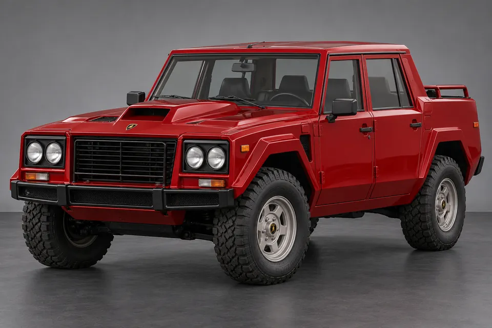 AI-generated illustration of classic Lamborghini LM002 off-road passenger vehicle viewed from the front-left side.
