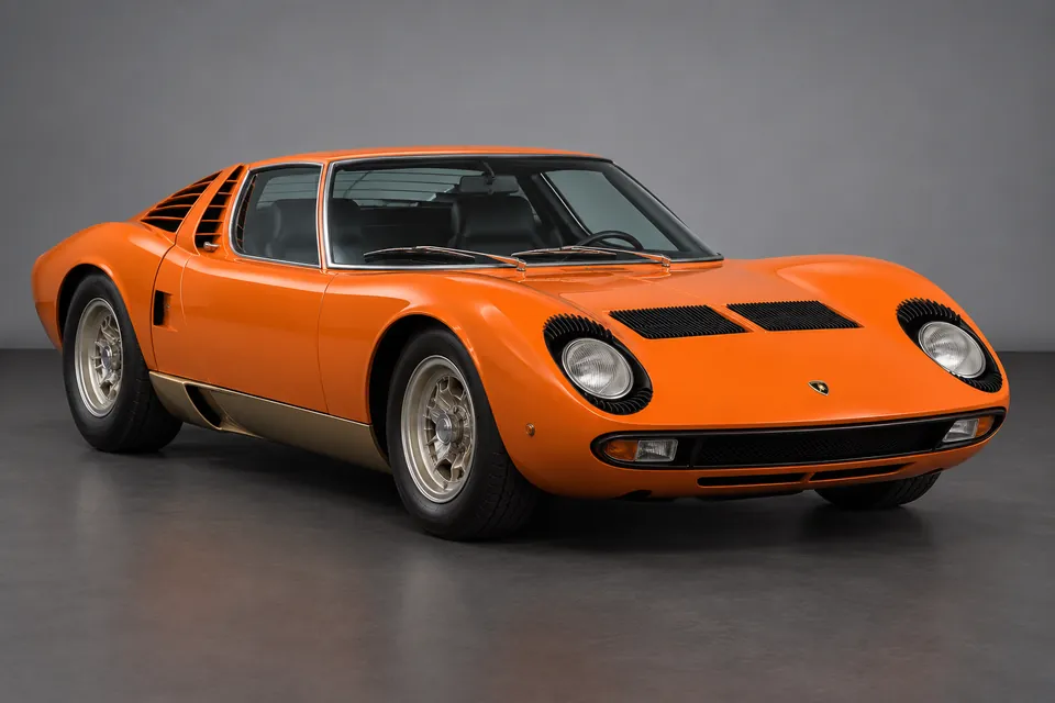 AI-generated illustration of early Lamborghini Miura P400 with headlamp eyelash trim viewed from the front-left side.