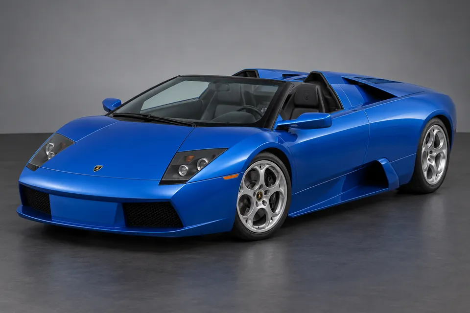 AI-generated illustration of Lamborghini Murciélago Roadster with its roof removed viewed from the front-left side.
