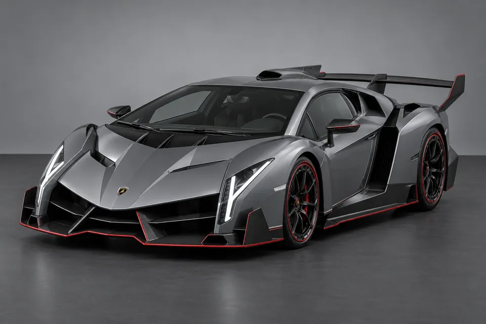 AI-generated illustration of Lamborghini Veneno road-going Coupé viewed from the front-left side.