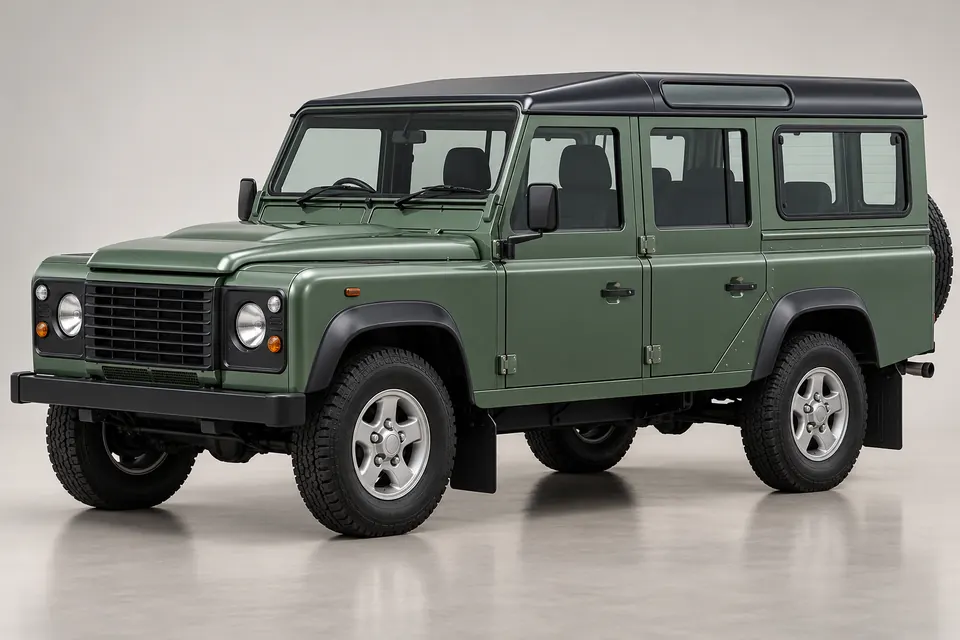 AI-generated front-left view of classic Land Rover Defender 110 five-door utility wagon.