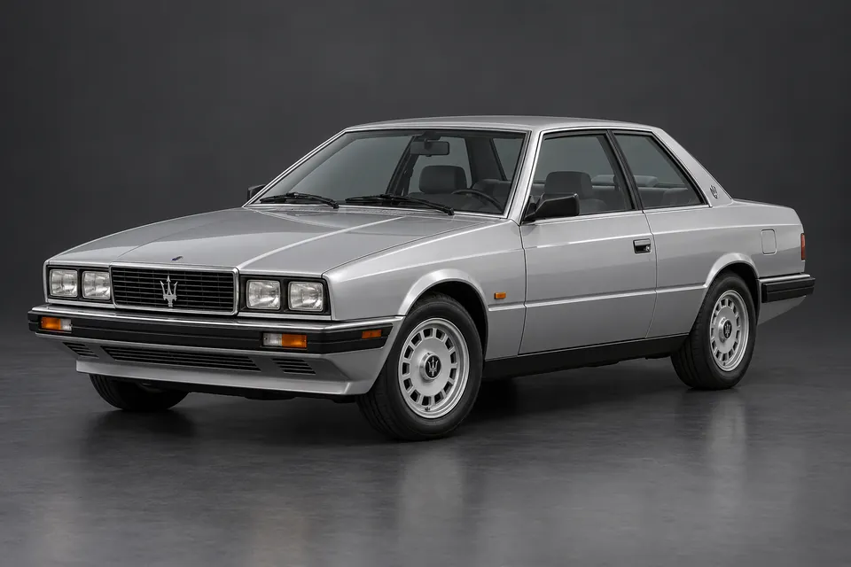 AI-generated studio illustration of Maserati Biturbo early two-door coupé, front-left three-quarter view.