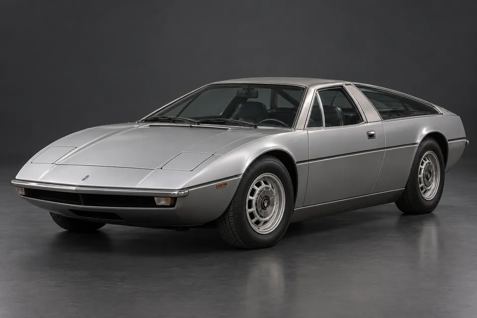 AI-generated studio illustration of Maserati Bora (AM117), front-left three-quarter view.