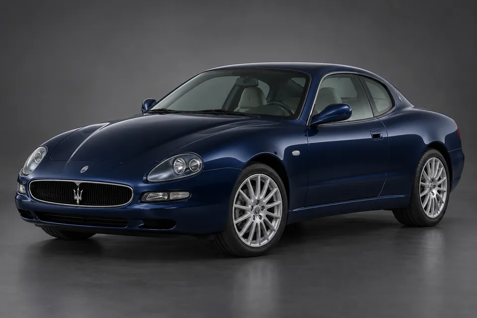 AI-generated studio illustration of Maserati Coupé 4200 (M138), front-left three-quarter view.