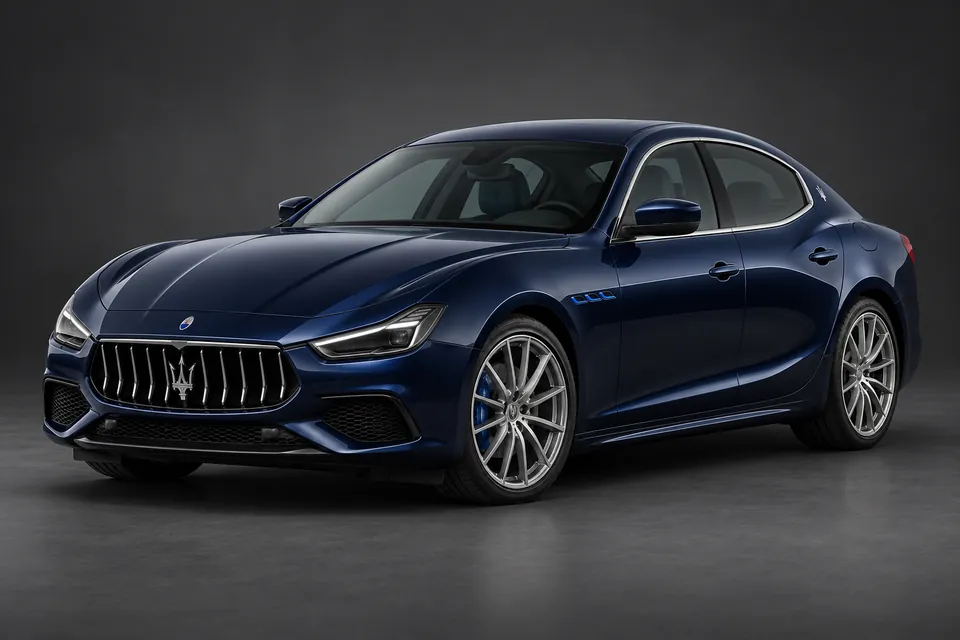 AI-generated illustration of a 2021 Maserati Ghibli Hybrid sedan in front-left three-quarter view.