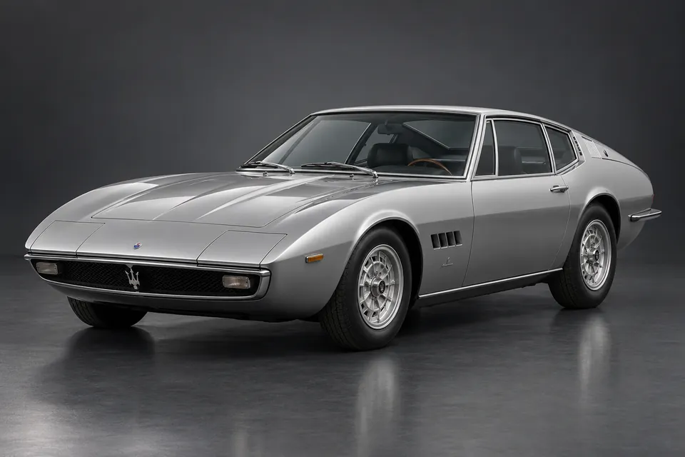 AI-generated studio illustration of Maserati Ghibli I (AM115), front-left three-quarter view.