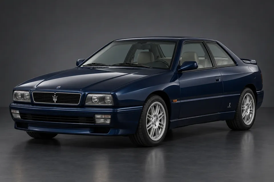 AI-generated studio illustration of Maserati Ghibli II (AM336), front-left three-quarter view.