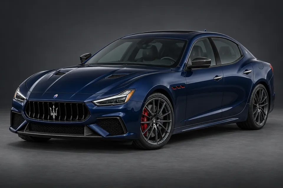 AI-generated illustration of a 2021 Maserati Ghibli Trofeo V8 sedan in front-left three-quarter view.