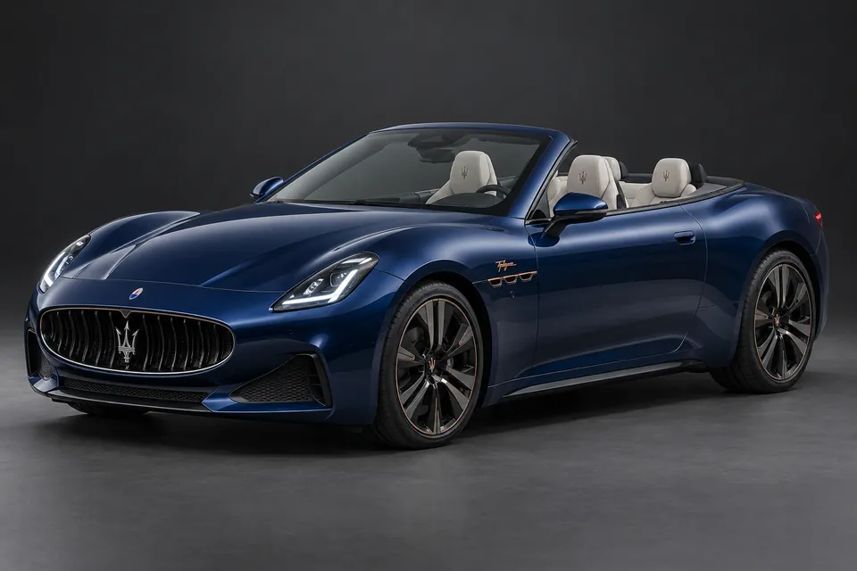 AI-generated illustration of a 2024 Maserati GranCabrio Folgore electric convertible in front-left three-quarter view.