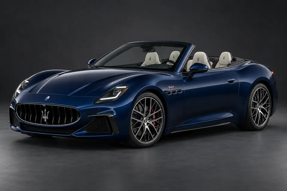 AI-generated illustration of a 2024 Maserati GranCabrio Trofeo V6 convertible in front-left three-quarter view.