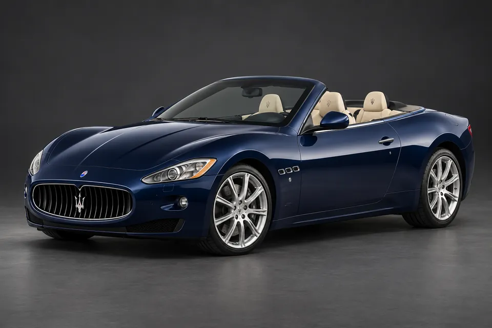 AI-generated illustration of a 2012 Maserati GranCabrio V8 convertible in front-left three-quarter view.