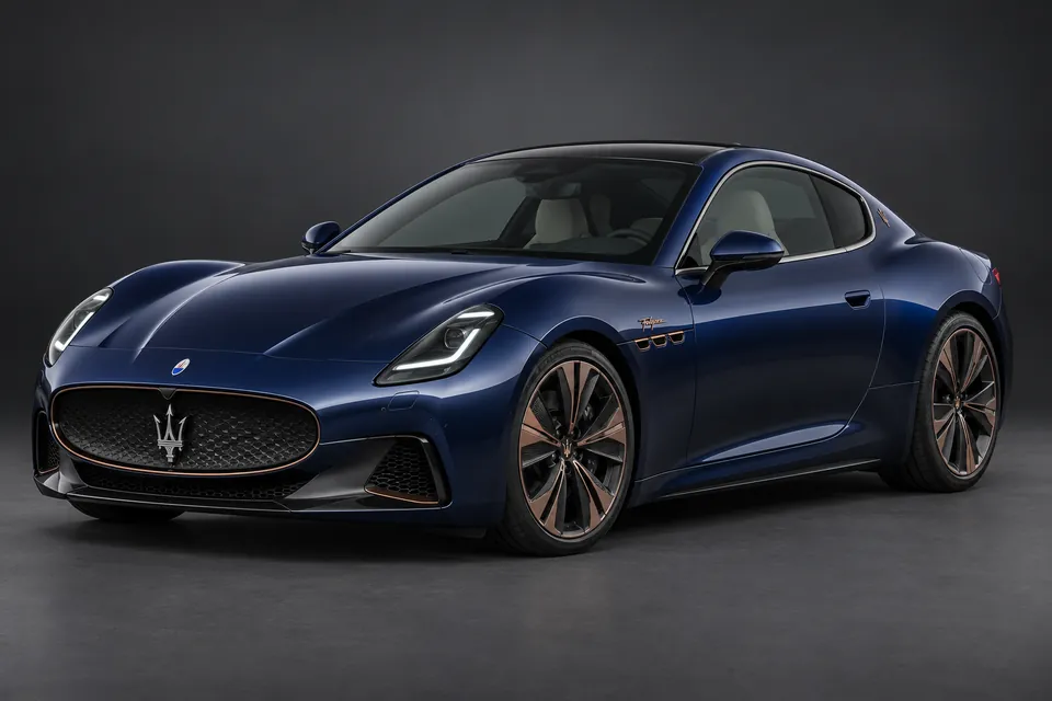 AI-generated illustration of a 2024 Maserati GranTurismo Folgore electric coupe in front-left three-quarter view.