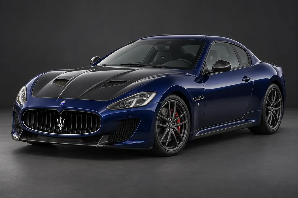 AI-generated illustration of a 2014 Maserati GranTurismo MC Stradale V8 coupe in front-left three-quarter view.