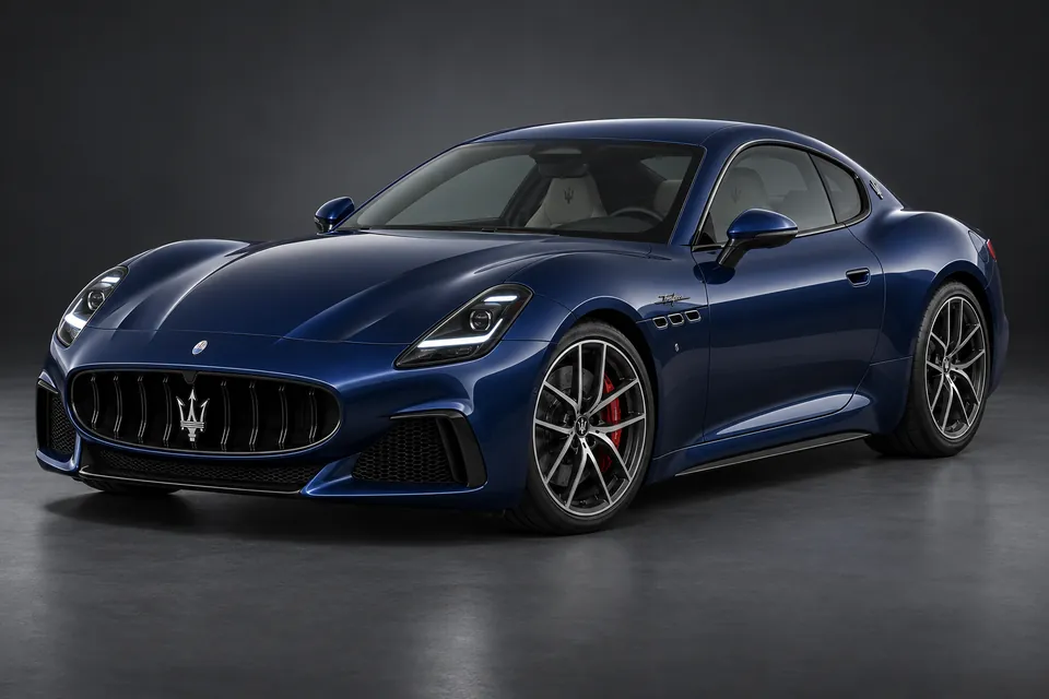 AI-generated illustration of a 2023 Maserati GranTurismo Trofeo V6 coupe in front-left three-quarter view.