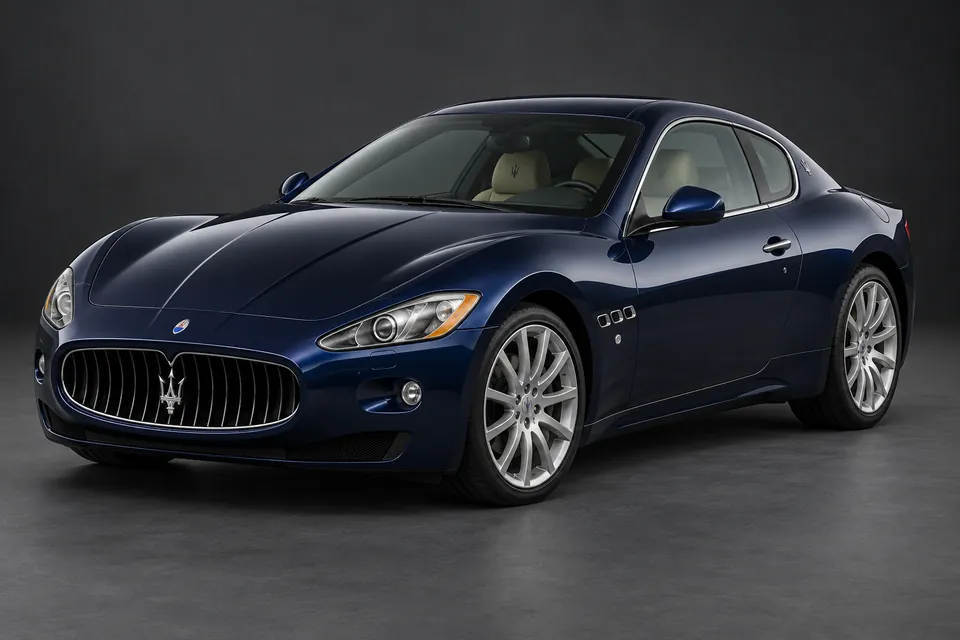 AI-generated illustration of a 2008 Maserati GranTurismo V8 coupe in front-left three-quarter view.