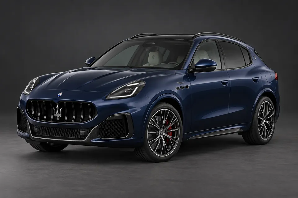 AI-generated illustration of a 2023 Maserati Grecale Trofeo SUV in front-left three-quarter view.