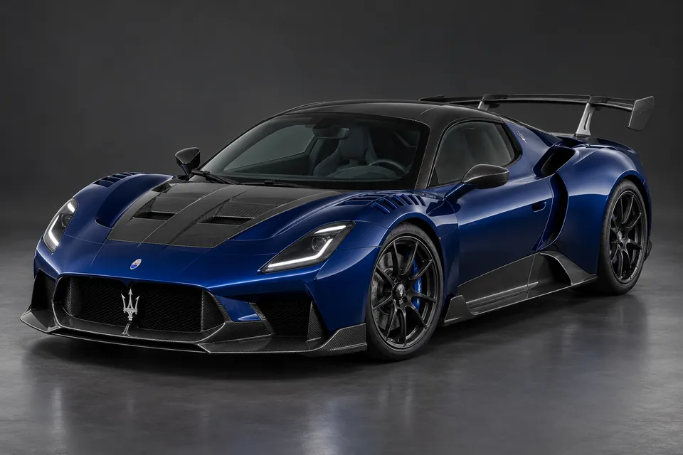 AI-generated studio illustration of Maserati GT2 Stradale road car, front-left three-quarter view.