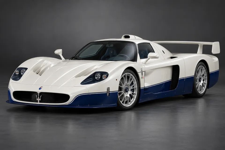 AI-generated studio illustration of Maserati MC12 Stradale road car, front-left three-quarter view.