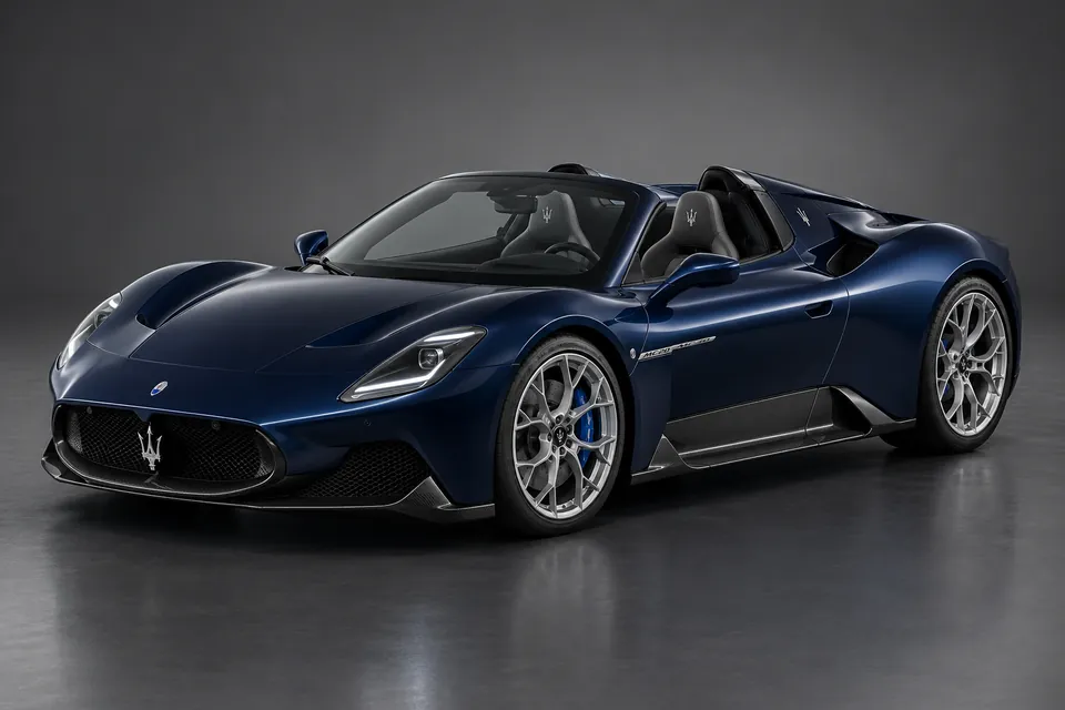 AI-generated studio illustration of Maserati MC20 Cielo, front-left three-quarter view.