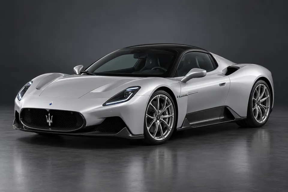 AI-generated studio illustration of a Maserati MC20 coupé, front-left three-quarter view.