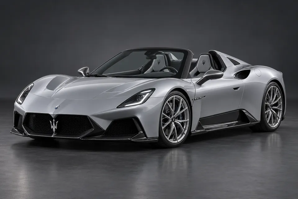 AI-generated studio illustration of Maserati MCPURA Cielo, front-left three-quarter view.