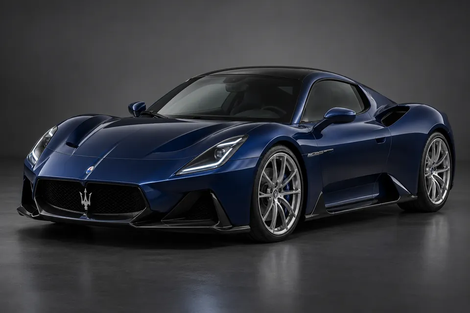 AI-generated studio illustration of Maserati MCPURA Coupé, front-left three-quarter view.