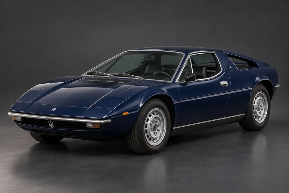 AI-generated studio illustration of Maserati Merak (AM122), front-left three-quarter view.