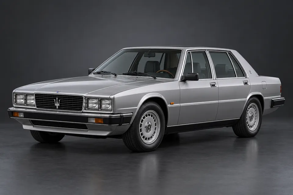 AI-generated studio illustration of Maserati Quattroporte III (AM330), front-left three-quarter view.