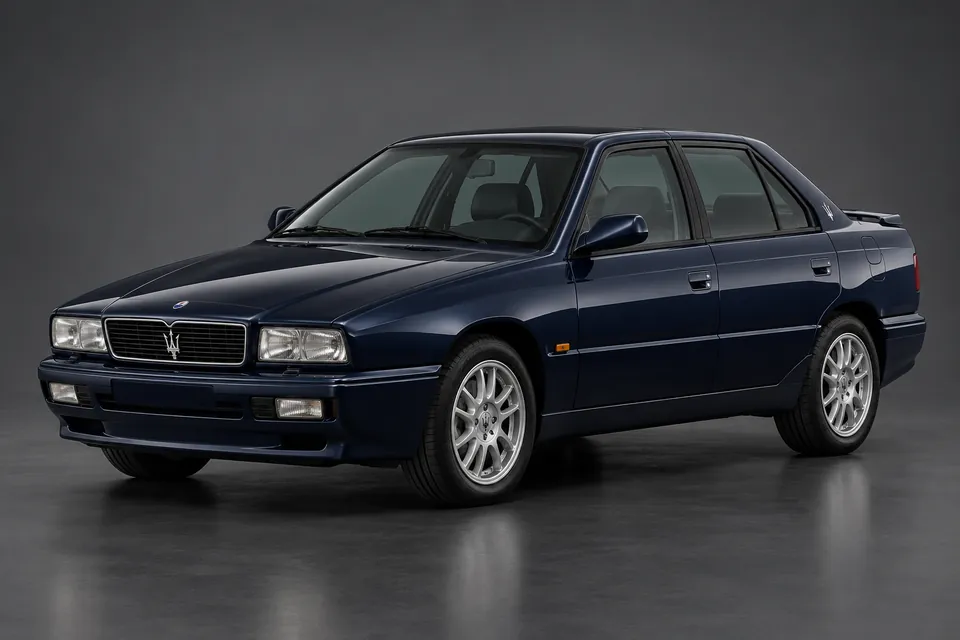 AI-generated studio illustration of Maserati Quattroporte IV (AM337), front-left three-quarter view.