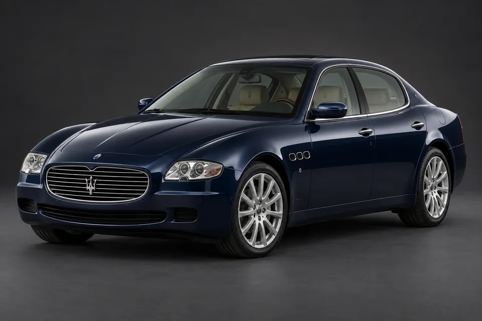 AI-generated illustration of a 2007 Maserati Quattroporte V Automatic sedan in front-left three-quarter view.