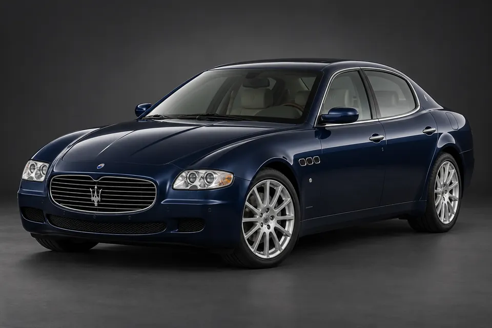 AI-generated illustration of a 2005 Maserati Quattroporte V DuoSelect sedan in front-left three-quarter view.