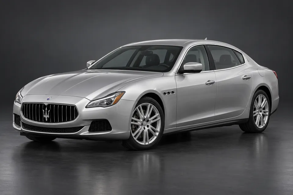 AI-generated studio illustration of a Maserati Quattroporte VI Diesel sedan, front-left three-quarter view.