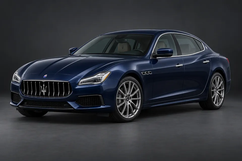 AI-generated illustration of a 2017 Maserati Quattroporte VI V6 sedan in front-left three-quarter view.