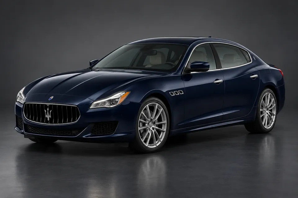 AI-generated studio illustration of a Maserati Quattroporte VI V8 sedan, front-left three-quarter view.