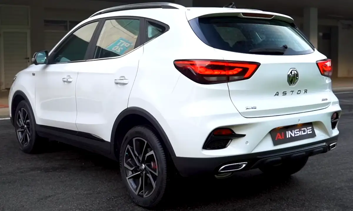 White MG Astor SUV viewed from the rear and side