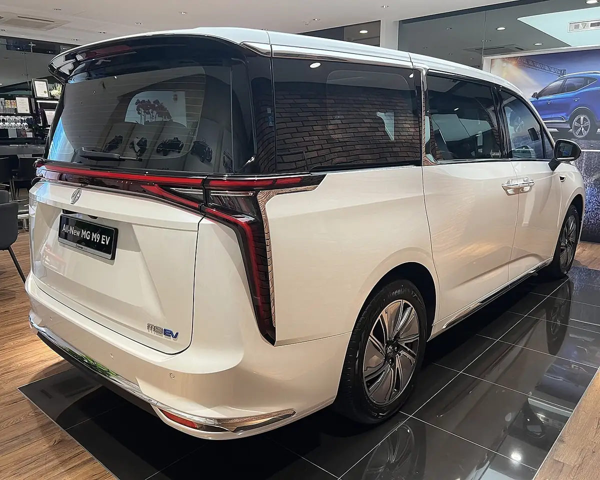 MG M9 EV luxury electric MPV viewed from the rear and side