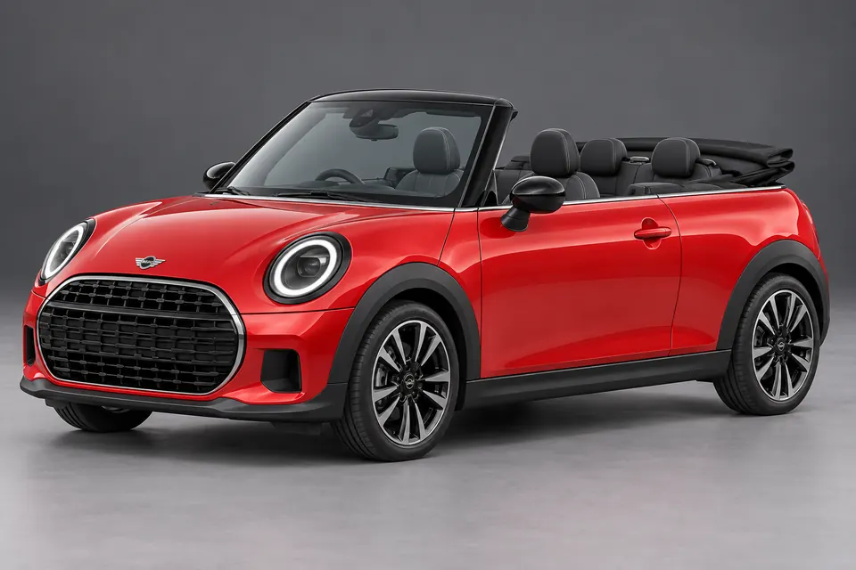AI-generated front-three-quarter view of older MINI Cooper Convertible F57 with its fabric roof lowered.