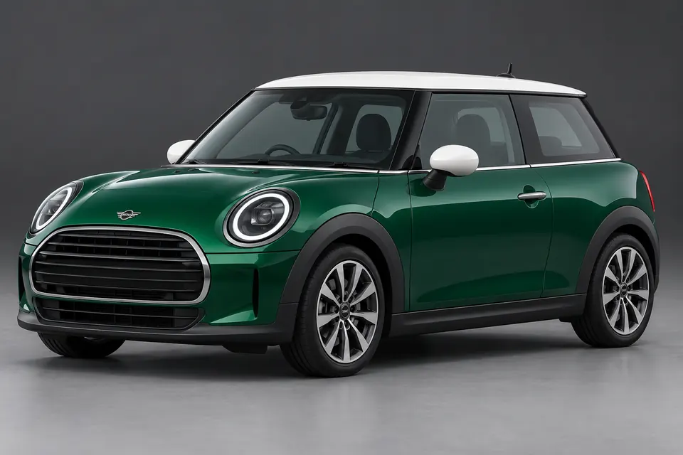 AI-generated front-three-quarter view of older MINI Cooper 3-Door F56 combustion-engine hatchback.